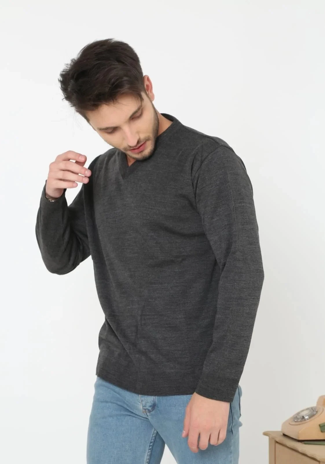 Masculin Antracit Tesatura Tricou V-Neck Maneca Lunga