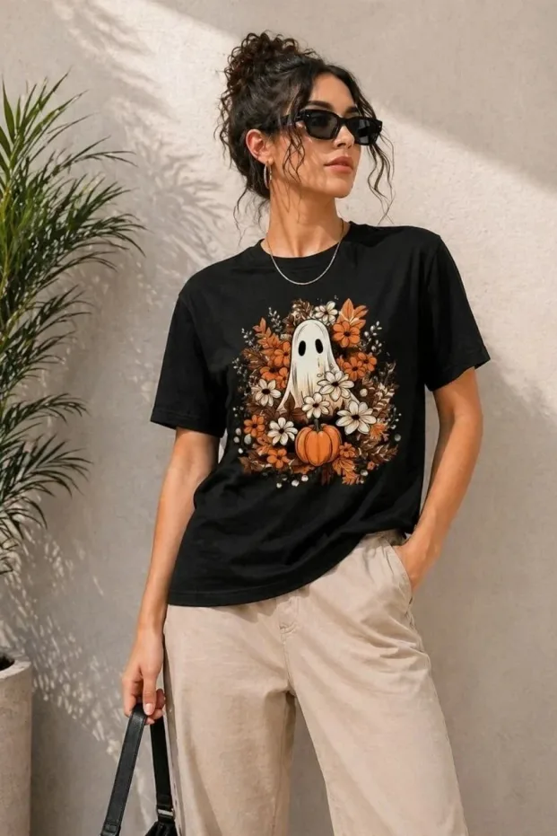 Женски црн oversize тиква дух печатена маица 1