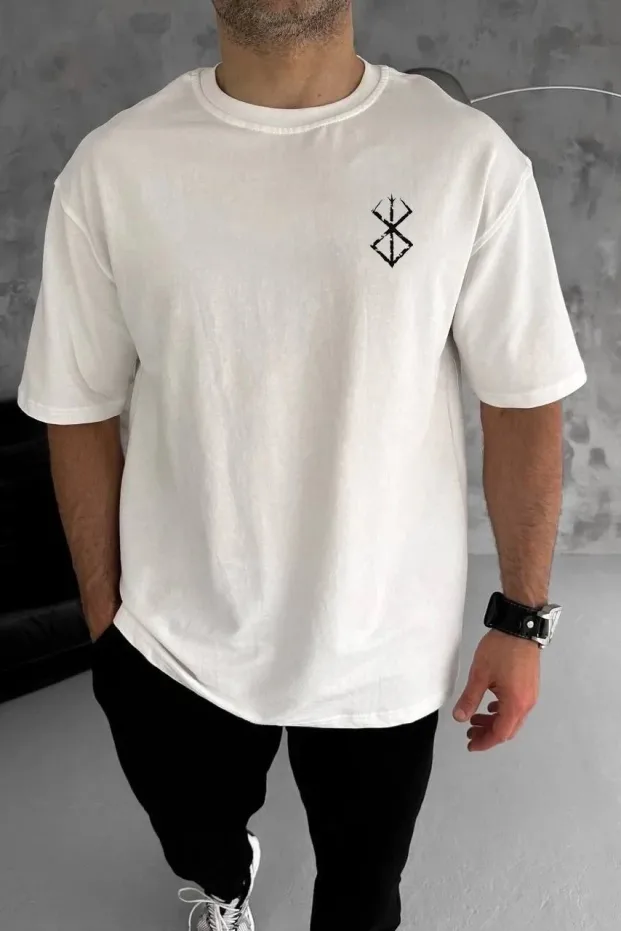 Bărbat Alb Oversize Guler Bicicletă Imprimat Tricou de Vară 1