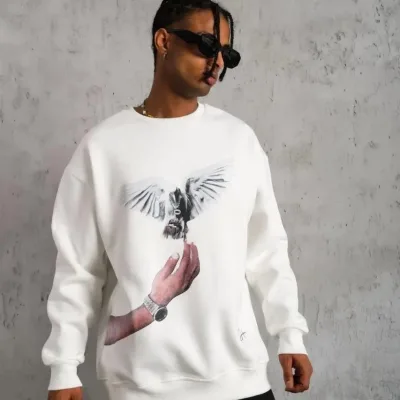 Men's White 3-Thread Cotton Dove Printed Crew Neck Sweatshirt 1