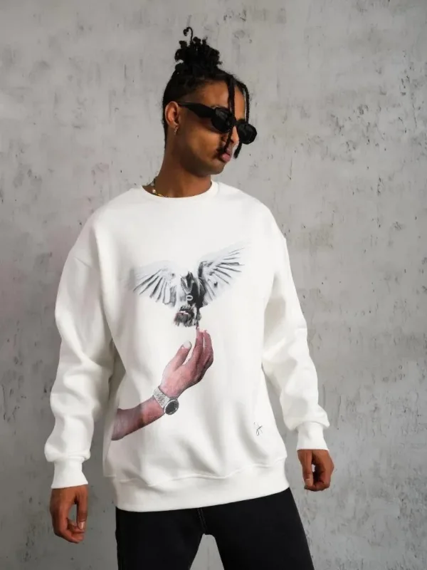Men's White 3-Thread Cotton Dove Printed Crew Neck Sweatshirt 1