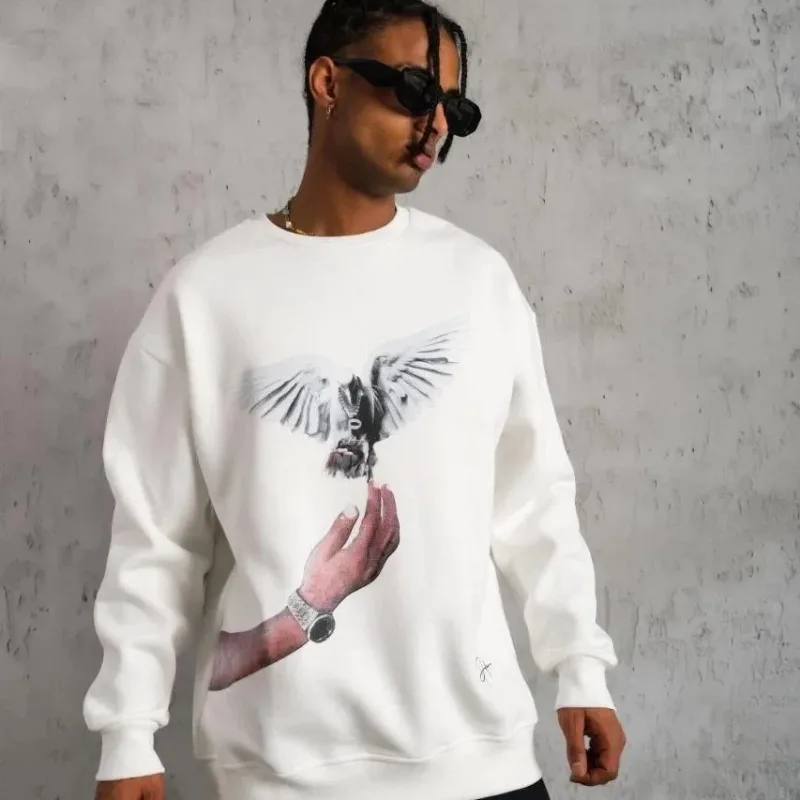 Men's White 3-Thread Cotton Dove Printed Crew Neck Sweatshirt