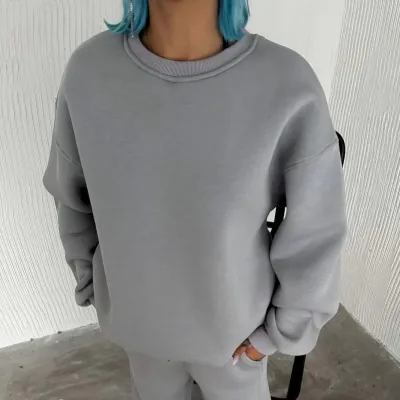Women's Gray 3-Thread Cotton Scoop Neck Basic Sweatshirt 2