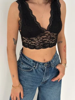 Kadın Siyah V Yaka Askılı Dantel Bralet Crop Sütyen Esnek