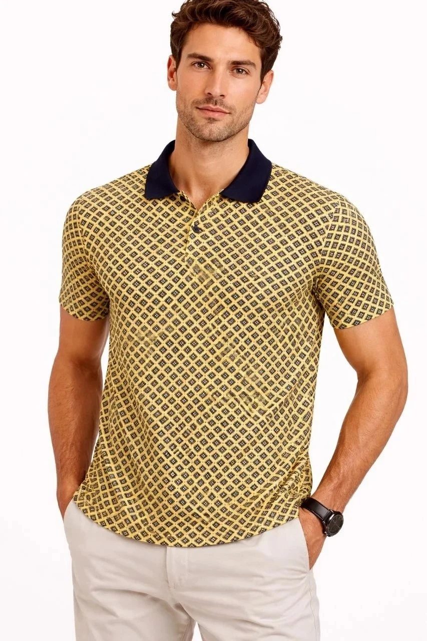 Man Yellow Pique Fabric Polo Collar Patterned Short Sleeve T-Shirt