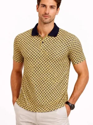 Man Yellow Pique Fabric Polo Collar Patterned Short Sleeve T-Shirt