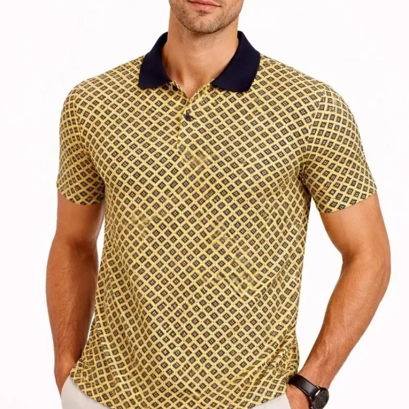 Man Yellow Pique Fabric Polo Collar Patterned Short Sleeve T-Shirt