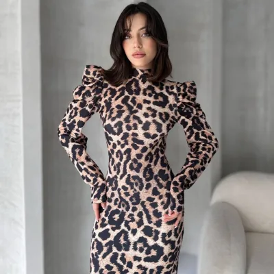 Leđa dekolte Leopard uzorak haljina Bela 2
