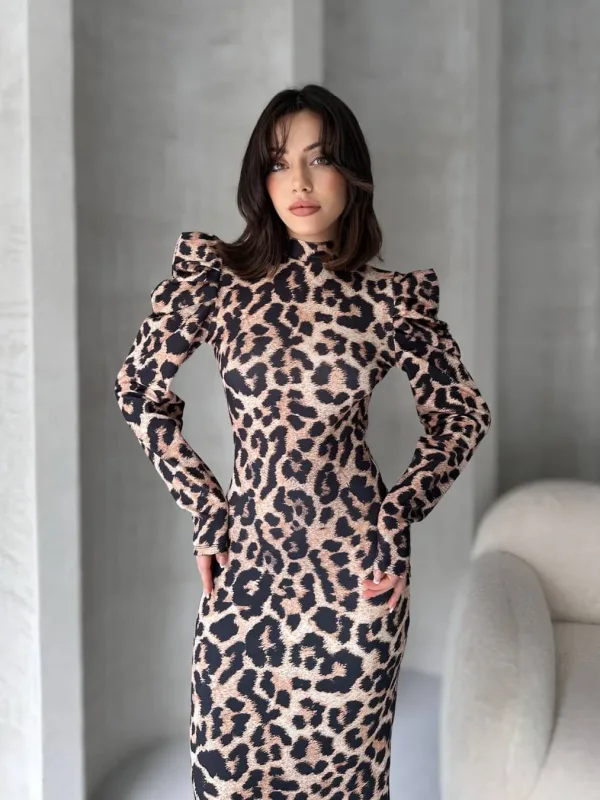 Leđa dekolte Leopard uzorak haljina Bela 2