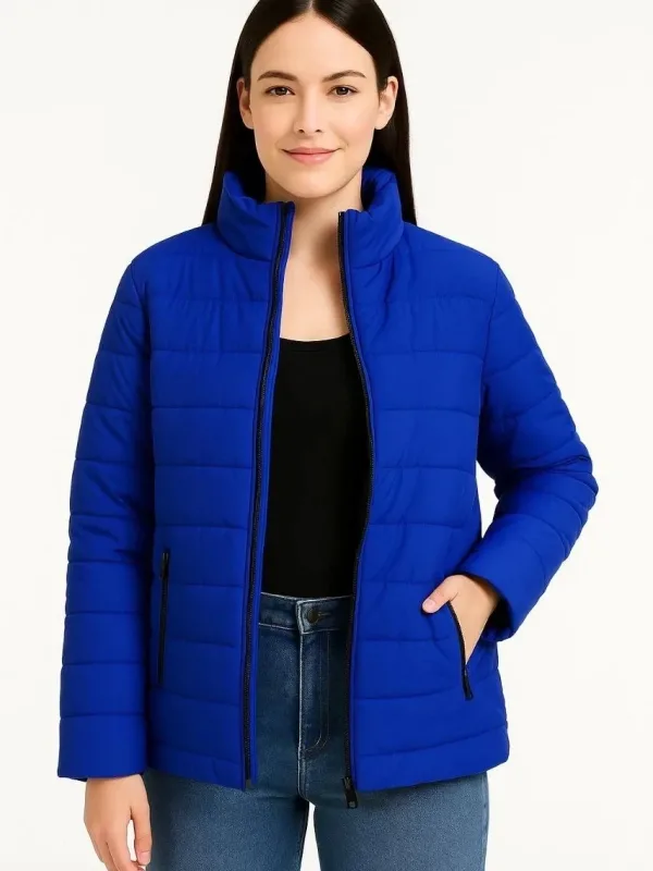 Women's Sax Blue Water-Repellent Quilted Lined Zippered Bomber Jacket 5