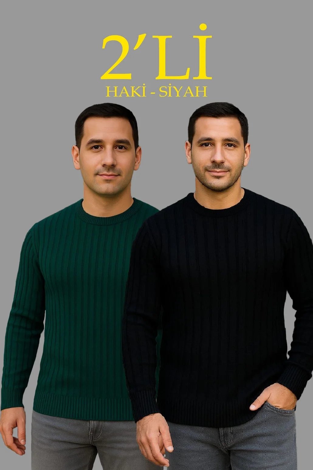 Erkek Siyah Haki 2'li Set Fitilli Bisiklet Yaka Kalın Pamuklu Triko Kazak