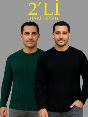 Masculin Negru Haki Set 2 Canelat Guler Bicicleta Gros Tricou Bumbac