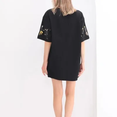 Женски црн oversize бициклистички јака принт маица 6