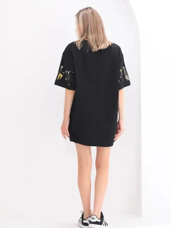 Женски црн oversize бициклистички јака принт маица 6