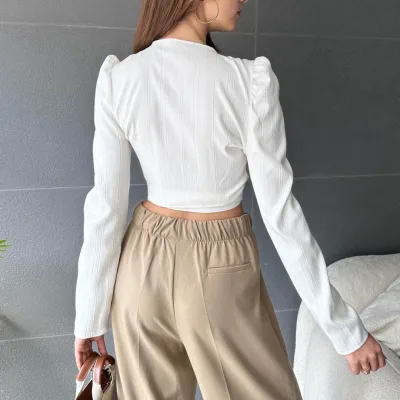 Notch Lapel Belted Crop Blouse White 5