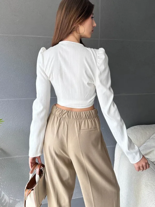 Notch Lapel Belted Crop Blouse White 5