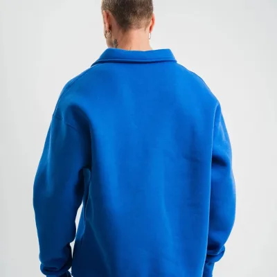 Kişi Göy Oversize 3 İplik Pambıqlı Açıq Yaxalı Sviter 6