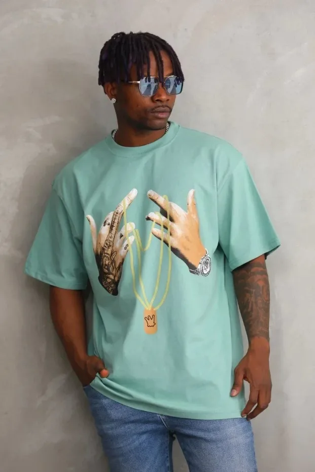 Men's Mint Green Oversize Crew Neck Printed T-Shirt 3