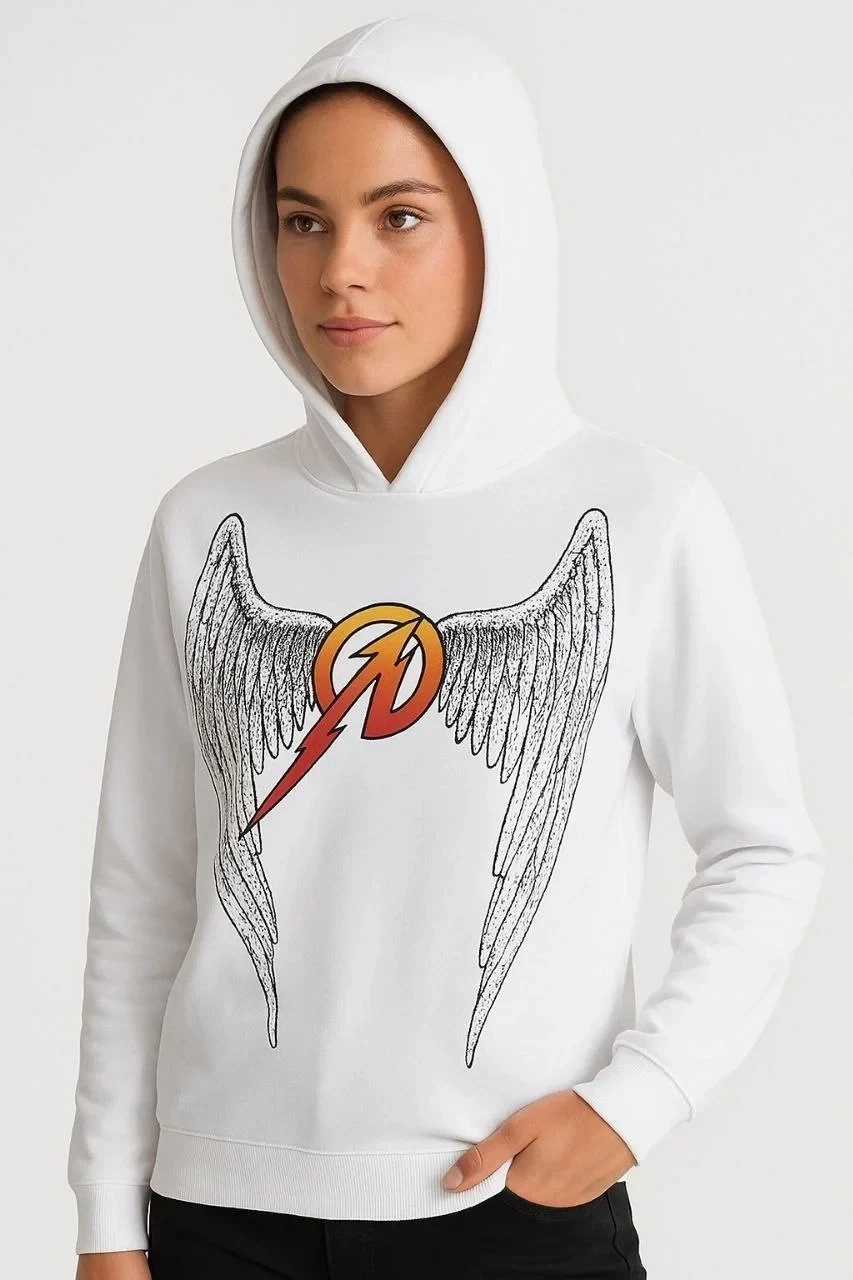 Men's White Hooded Front and Back Printed Two-Thread Sweatshirt