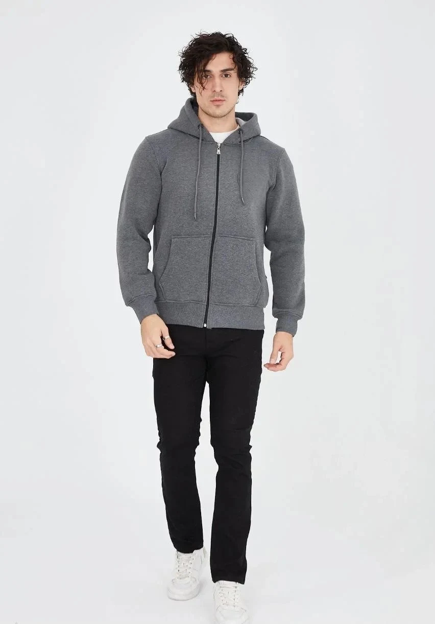 Mêr Dûman 3 Têl Pembû Hoodie Bi Zîp û Cêb