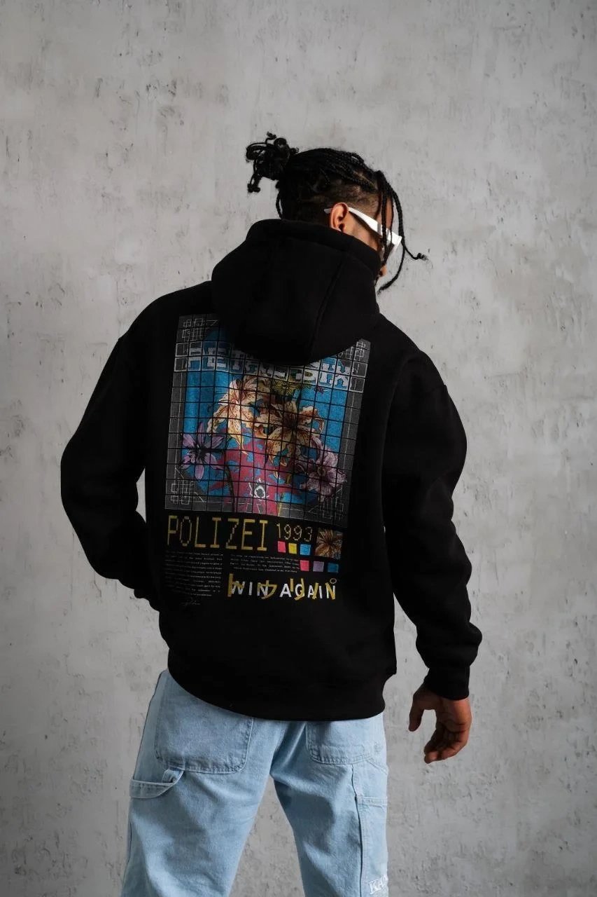 Erkek Siyah Oversize 3 İplik Pamuklu Kapüşonlu Baskılı Sweatshirt