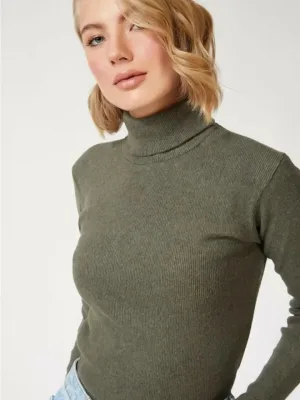 Damski khaki sweter body z golfem, prążkowany, z lycry