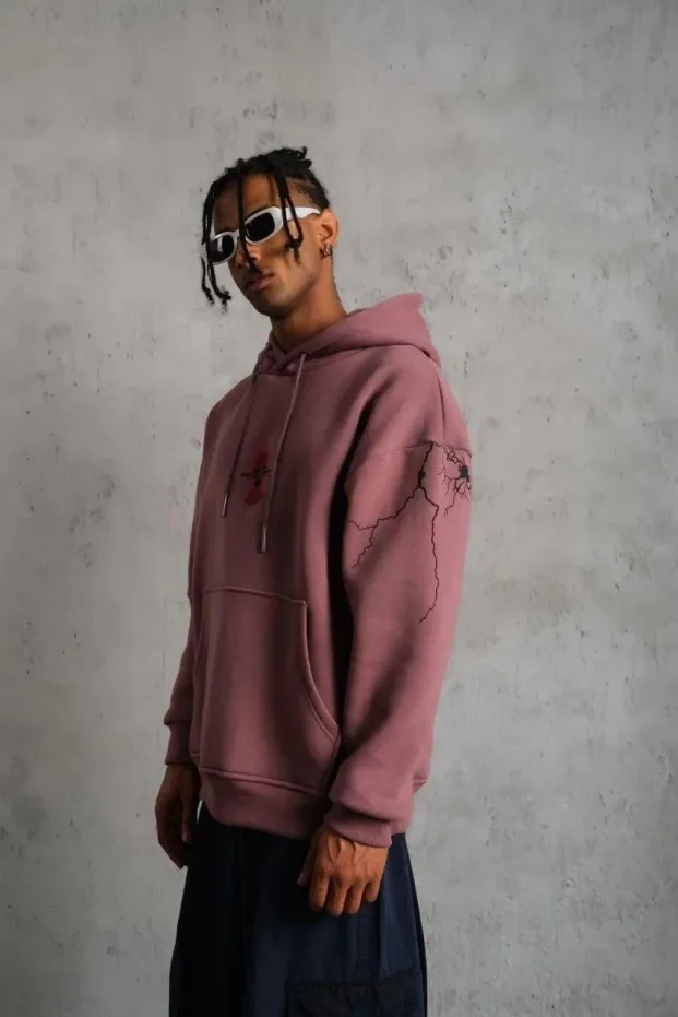 Sweatshirtê Mêran ê Gula Hişk 3 Têl Pembû Bi Kulp, Çapkirî û Berîk 2