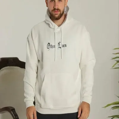 Muški bijeli 3-nitni pamučni kapuljačasti tiskani sweatshirt s klokan džepom 2