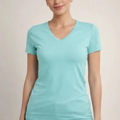 Femeie Tricou Basic Turcoaz Slim Fit cu Guler V, Elastan 4