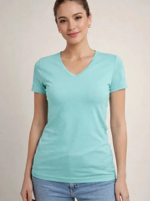Femeie Tricou Basic Turcoaz Slim Fit cu Guler V, Elastan 4