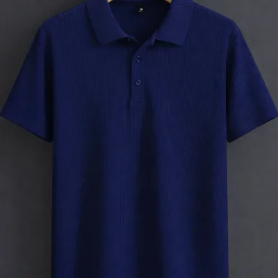 Maschio Blu Scuro Polo Collo Oversize Costina Tessuto 100% Cotone Taglio Largo Collo a Barca 3