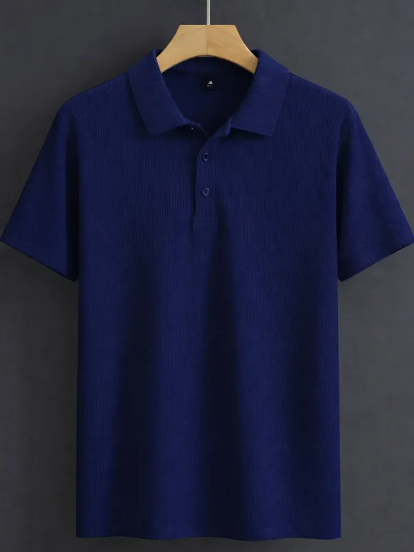 Maschio Blu Scuro Polo Collo Oversize Costina Tessuto 100% Cotone Taglio Largo Collo a Barca 3