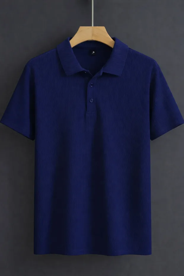 Erkek Lacivert Oversize Bisiklet Yaka Fitilli Pamuklu Polo Tişört 3