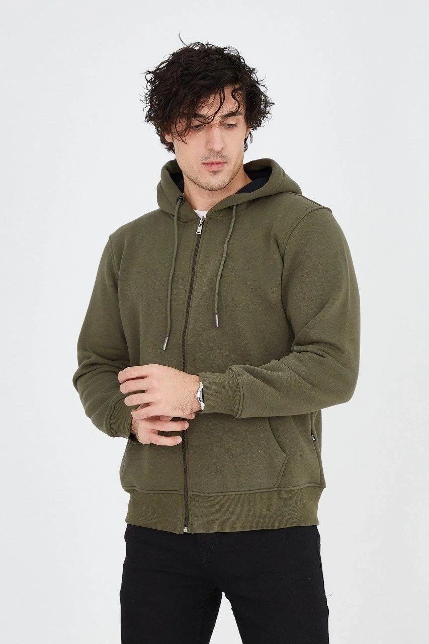Kişi Yaşıl 3 İplik Pambıqlı Fermuarlı Başlıqlı Kenquru Cibli Hoodie 2