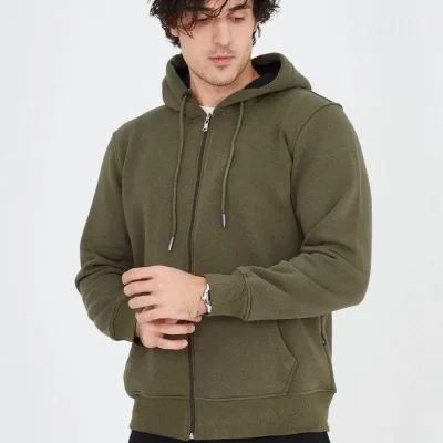 Muški zeleni 3-nitni pamučni hoodie sa patentnim zatvaračem, kapuljačom i džepovima tipa klokan 2