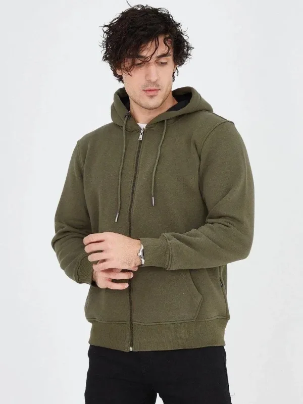 Muški zeleni 3-nitni pamučni hoodie sa patentnim zatvaračem, kapuljačom i džepovima tipa klokan 2