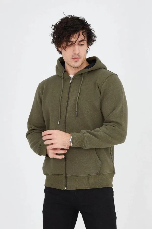 Erkek Yeşil 3 İplik Pamuklu Fermuarlı Kapüşonlu Kanguru Cepli Hoodie 2