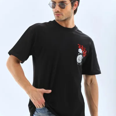 Bluzë për meshkuj e zezë oversize, jakë biçiklete, me print 3