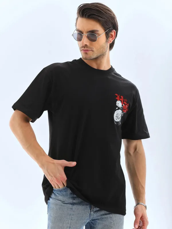 Bluzë për meshkuj e zezë oversize, jakë biçiklete, me print 3