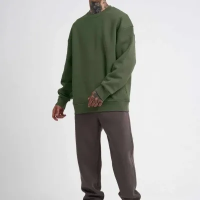 Pánský khaki cyklistický výstřih 3-nitný bavlněný sweatshirt 3