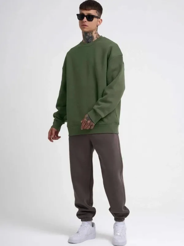 Pánský khaki cyklistický výstřih 3-nitný bavlněný sweatshirt 3