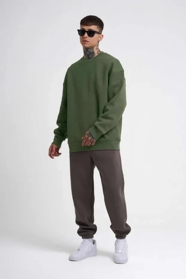 Sweatshirtê Mêran ê Haki yê Bi Stûyê Bisîkletê yê 3 Têlî yê Pembû 3
