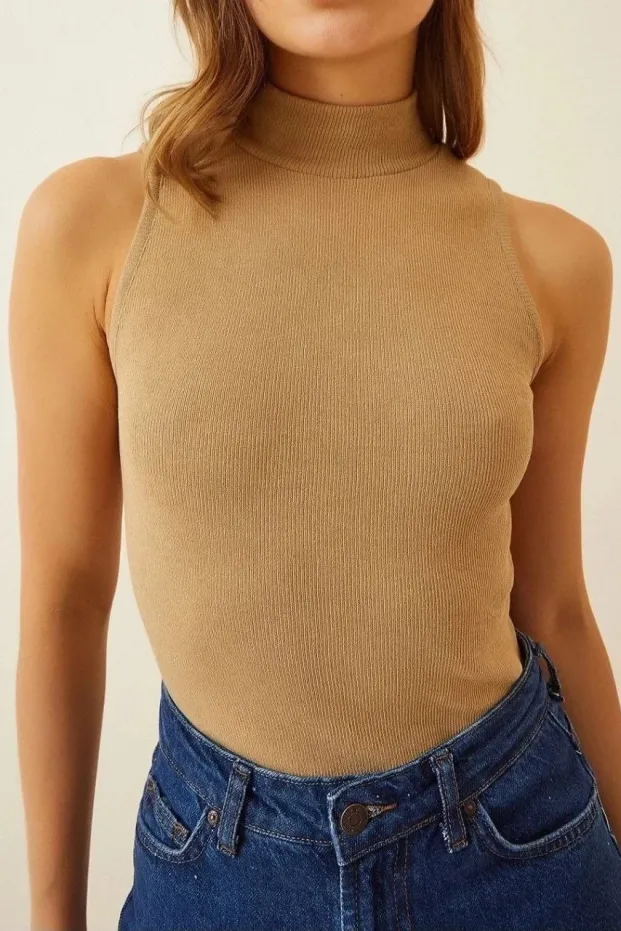 Kadın Camel Fitilli Kaşkorse Yaka Likralı Body 1