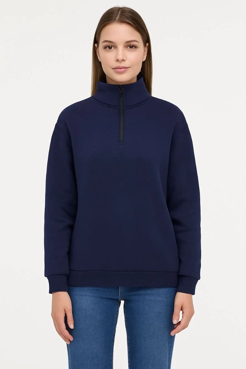 Women's Navy 3-Thread Cotton Stand Collar Half Zip Sweatshirt 3
