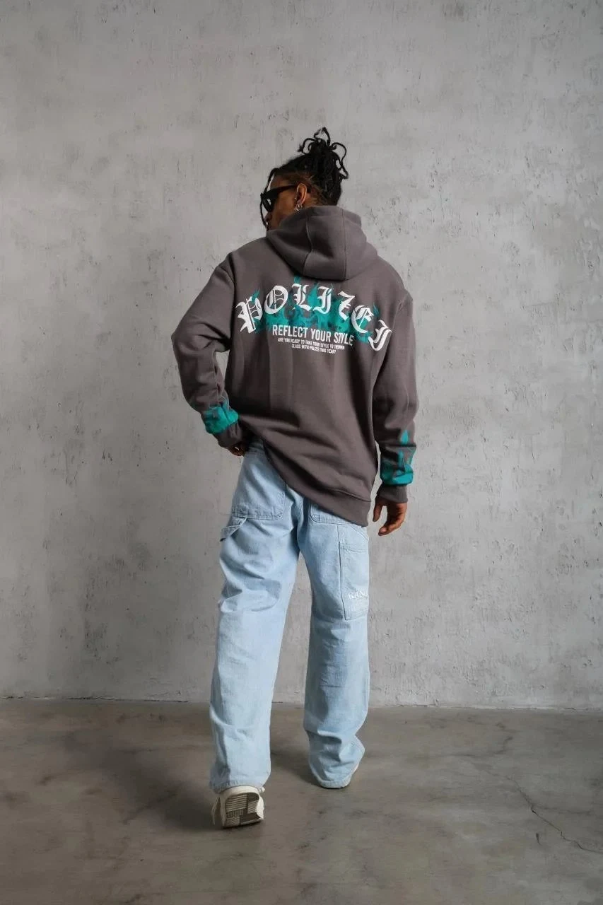 Men's Gray Flame Printed 3-Thread Cotton Hooded Sweatshirt