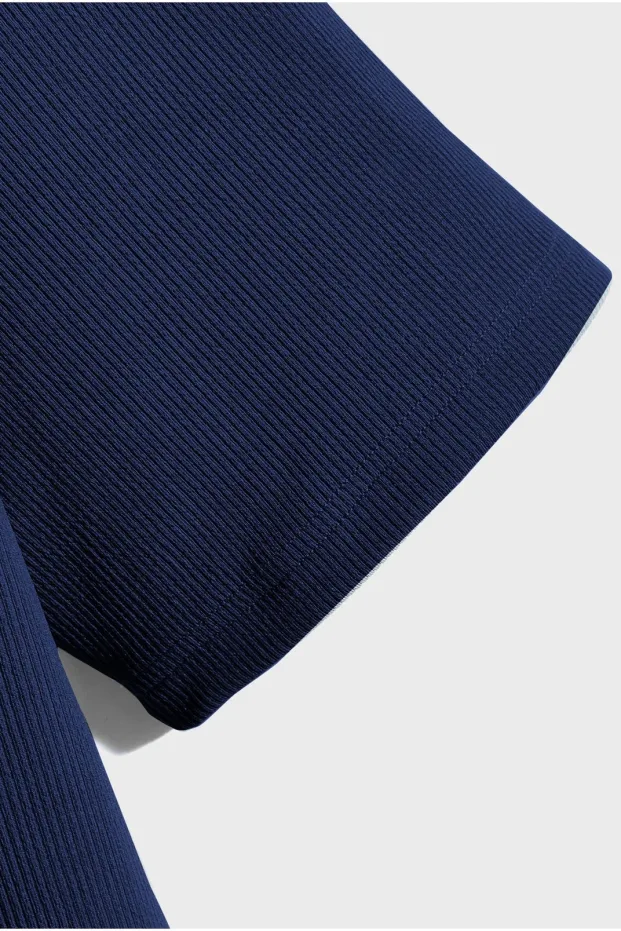 Maschio Blu Scuro Oversize Costina Cotone Premium T-Shirt 5