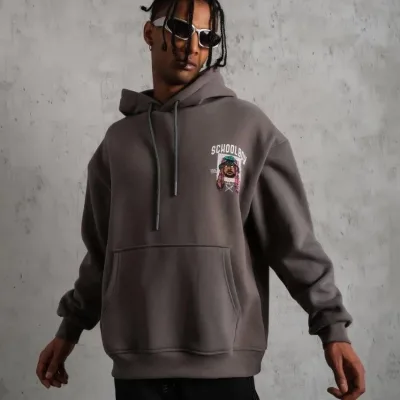 Men's Gray Oversize 3-Thread Cotton Hooded Printed Sweatshirt with Pockets 2