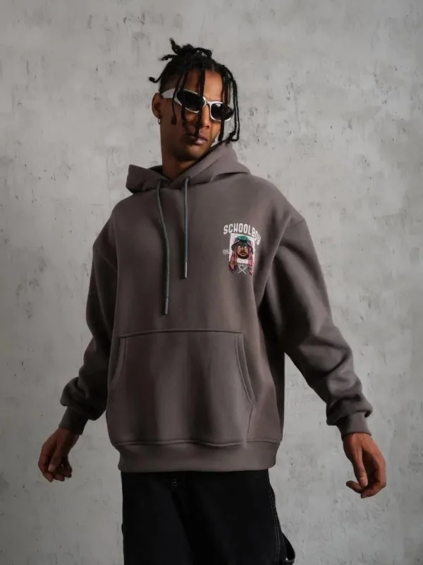 Men's Gray Oversize 3-Thread Cotton Hooded Printed Sweatshirt with Pockets 2