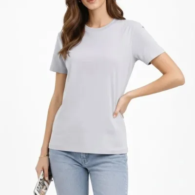 Women's Gray Regular Scoop Neck Short Sleeve Plain T-Shirt 2