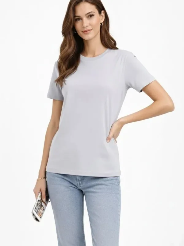 Women's Gray Regular Scoop Neck Short Sleeve Plain T-Shirt 2
